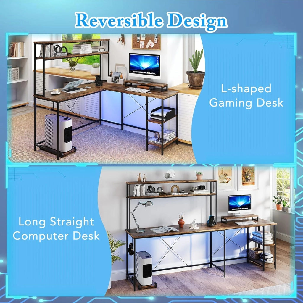 Scrivania per computer a forma di L convertibile con LED, ripiani aperti e supporto per monitor, gancio laterale, stazione di ricarica, 145 x 145 cm, per ufficio, studio (marrone)