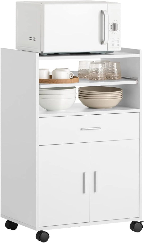 Mobiletto Cucina con Ruote e Piano Estraibile – Mobile Cucina Salvaspazio con Cassetto e Ante, Credenza Cucina, Carrello Cucina per Microonde, Ufficio o Sala da Pranzo Nero 59×40×92 cm FSB09-SCH