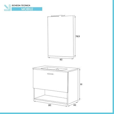 Mobile bagno sospeso 80 bianco con lavabo e specchio LED  Martha