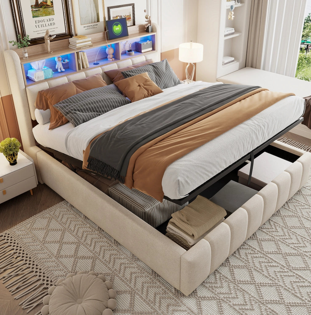 Letto matrimoniale imbottito 180x200 cm beige con LED e USB