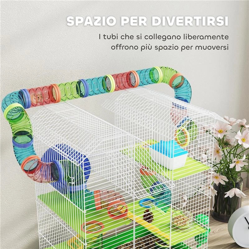 GABBIA PER CRICETI A 5 PIANI CON TUBI COLORATI, RUOTA, CASETTA E ACCESSORI, 47X30X59 CM, VERDE