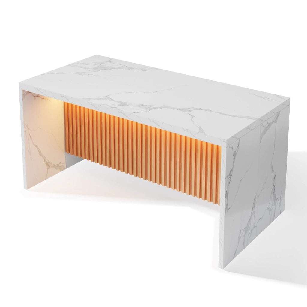 Isola da cucina 155x80x90 cm in MDF, bianco effetto marmo, con LED, prese EU e USB, piano da 40 mm