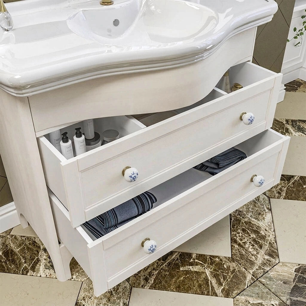 Mobile bagno a terra 115 cm bianco decape con cassetti specchio e lampade Romantica
