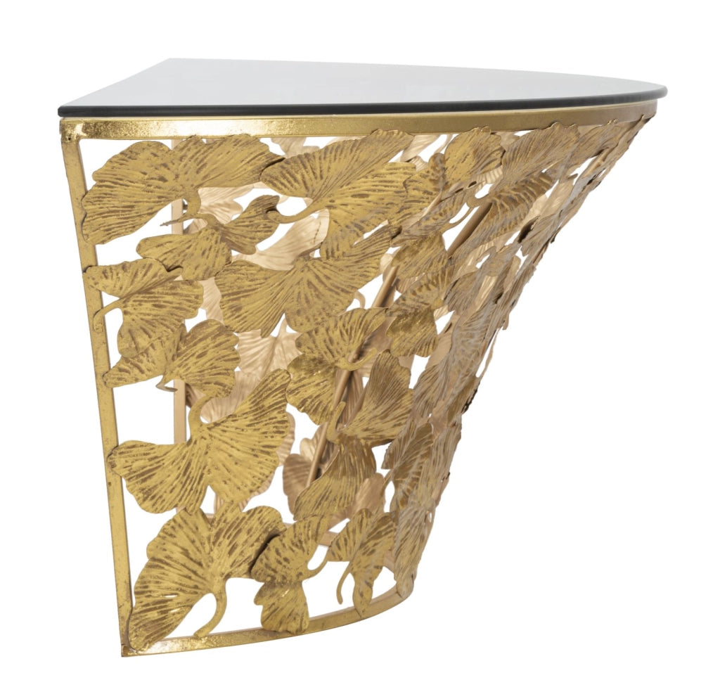 Consolle da parete stondata, piano in vetro e decori foglie 120x40.5x37.5cm Flower