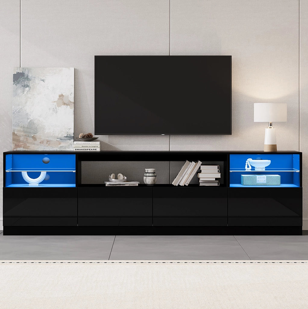 Mobile TV 180x35x60 cm con illuminazione LED; 4 ante e 8 vani; pannello truciolare nero
