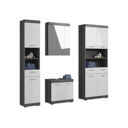 Set bagno SCOTT – Mobile sottolavabo, colonna, specchiera e mobile contenitore – Grigio scuro e bianco