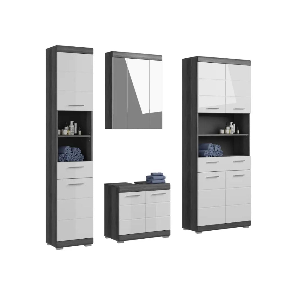 Set bagno SCOTT – Mobile sottolavabo, colonna, specchiera e mobile contenitore – Grigio scuro e bianco