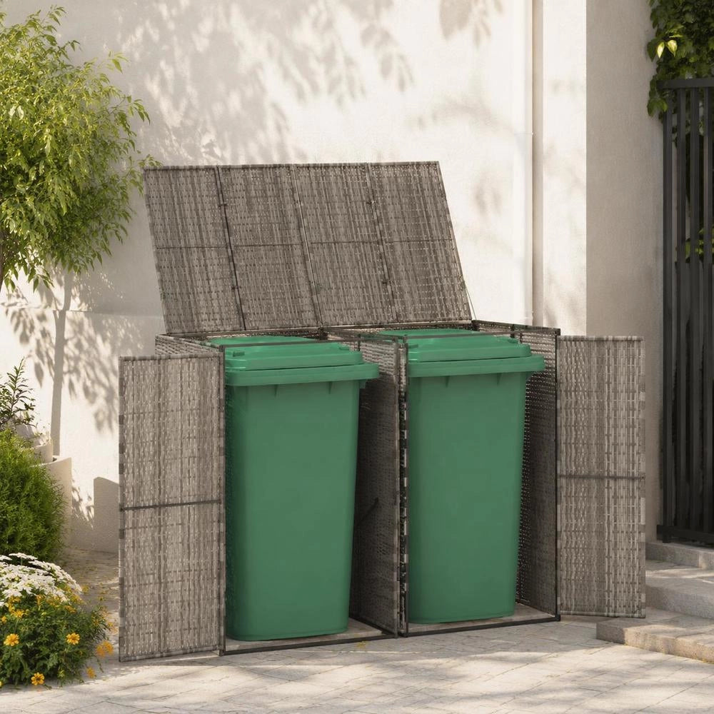 Bin Storage Unit For 2 Bins, Grey, 140x80x117 Cm, Poly Rattan