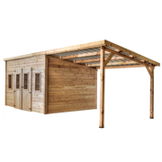 Casetta da giardino in legno Douglas 380x280 cm – Spessore pareti 28 mm – Con legnaia e tetto in acciaio – DAN4030.02B Foresta