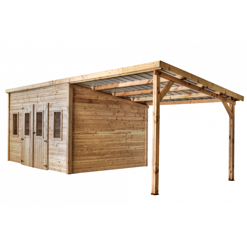 Casetta da giardino in legno Douglas 380x280 cm – Spessore pareti 28 mm – Con legnaia e tetto in acciaio – DAN4030.02B Foresta