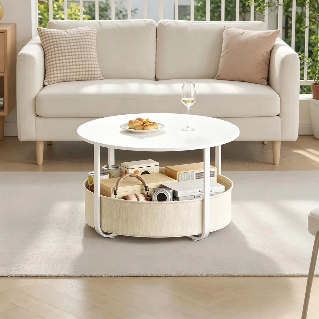 Tavolino basso rotondo con cestino in tela, struttura in metallo, per soggiorno e salotto, beige e bianco, Ø 80 × 50 cm