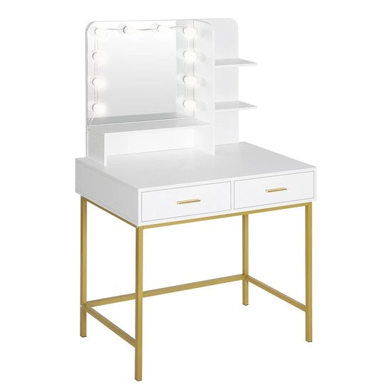 Tavolo da Bagno con Specchio e Illuminazione - 90x45x137 cm - Legno e Metallo - Bianco