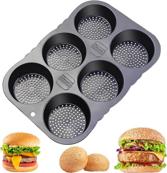 34,5×23,5×4 cm - Forma per Hamburger in Silicone - Antiscivellamento Resistente al Calore - Forma per Hamburger con 6 Fori - Forma per Hamburger - Cottura - Nero