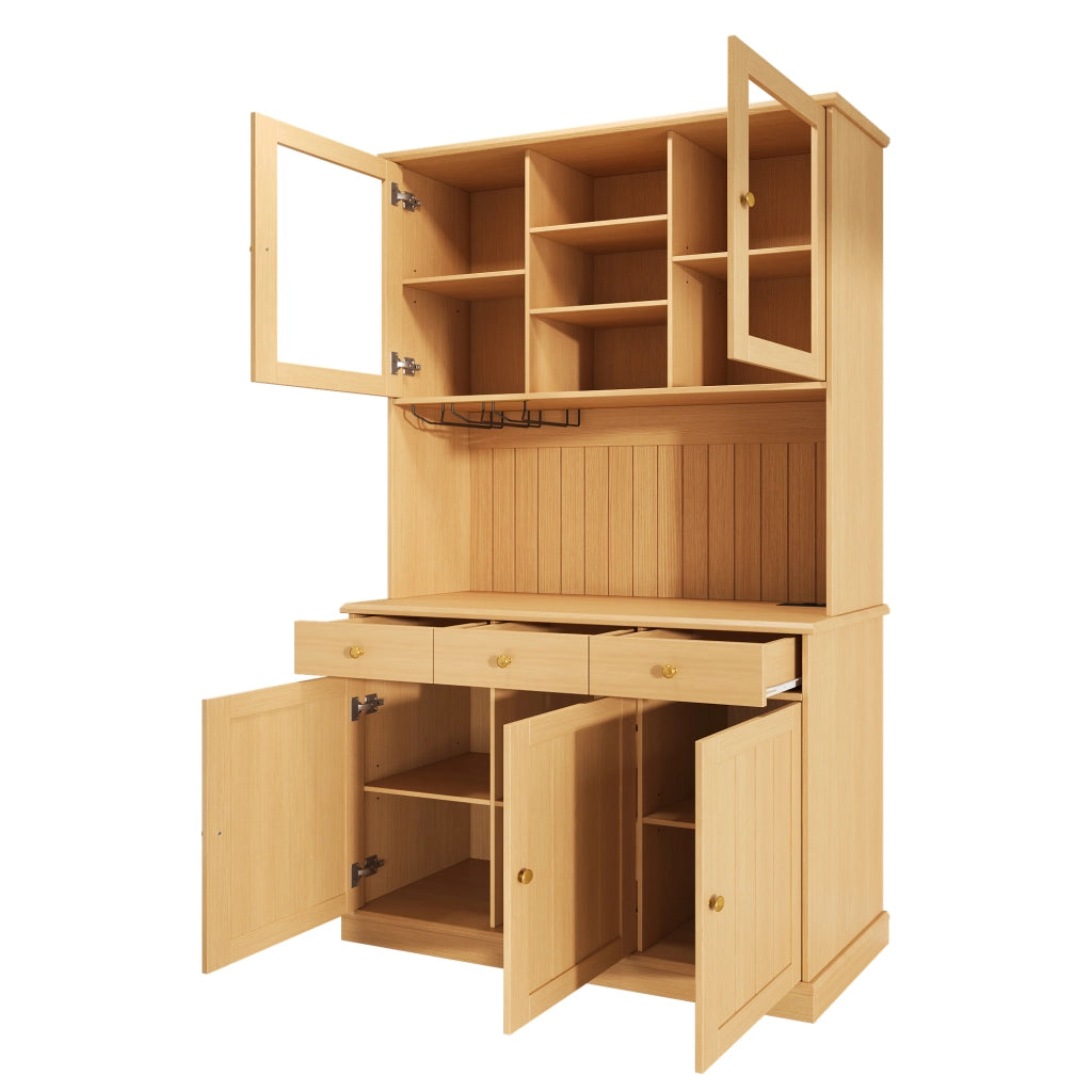 Buffet alto 120 x 40 x 191 cm con ante in vetro, portabicchieri, ripiani regolabili e prese USB, colore naturale