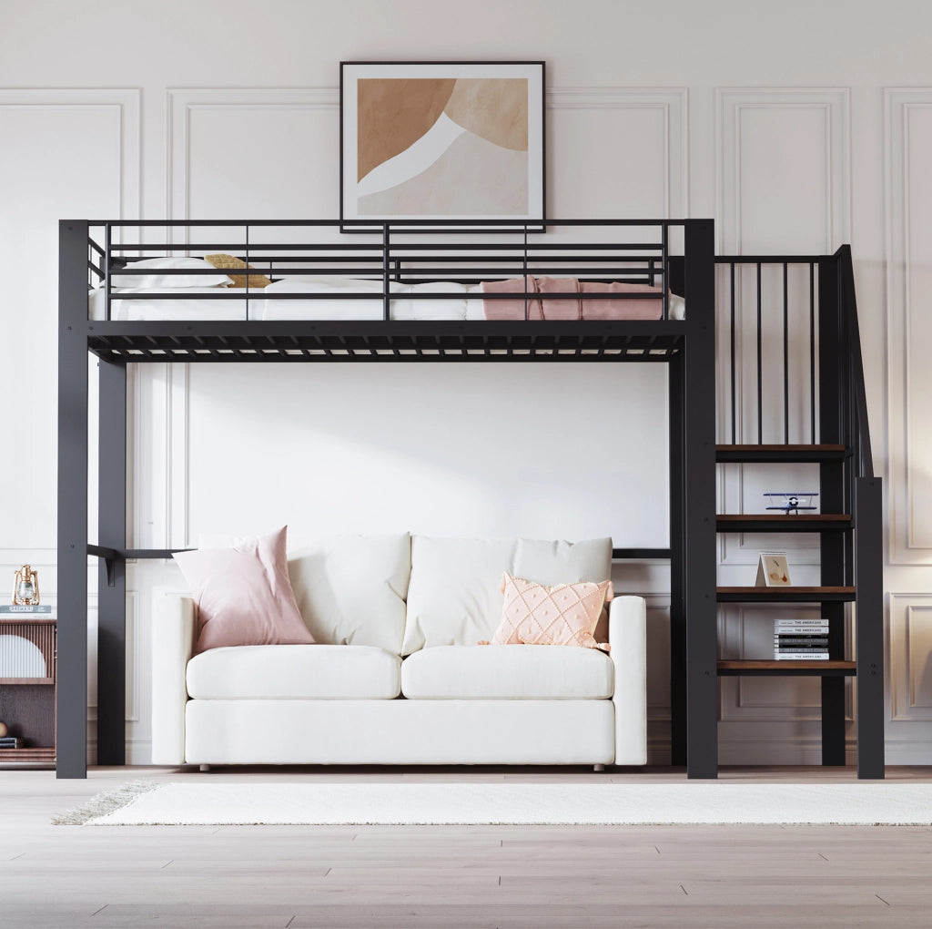 Letto a soppalco 90x200 cm con scala e spazio contenitore in metallo nero