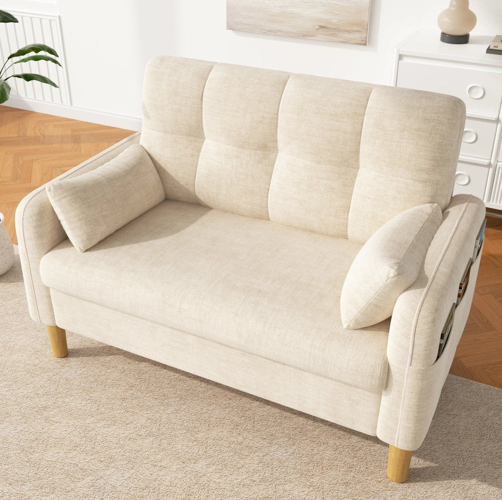 Divano 2 posti compatto 119x78 cm in ciniglia beige con 2 cuscini e tasca laterale HOMVRA
