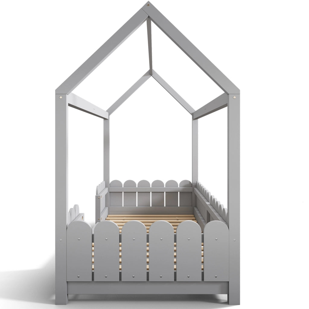 Letto a casetta per bambini 90x200 cm in legno grigio con sponde e rete a doghe