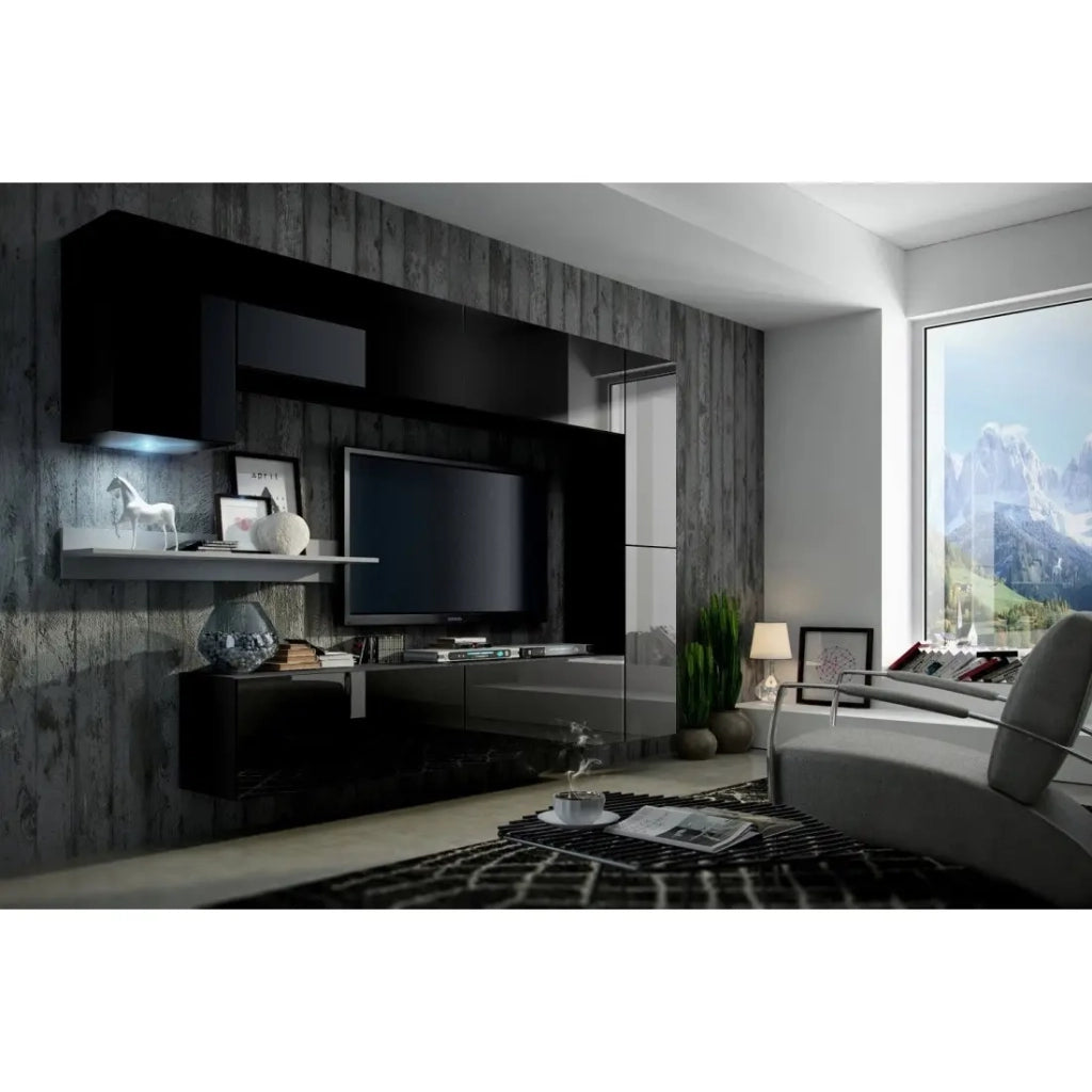 Set di mobili da soggiorno neri sospesi collezione CEPTO VI 256cm, 7 porte, mensola da muro bianca, LED, modulabili.