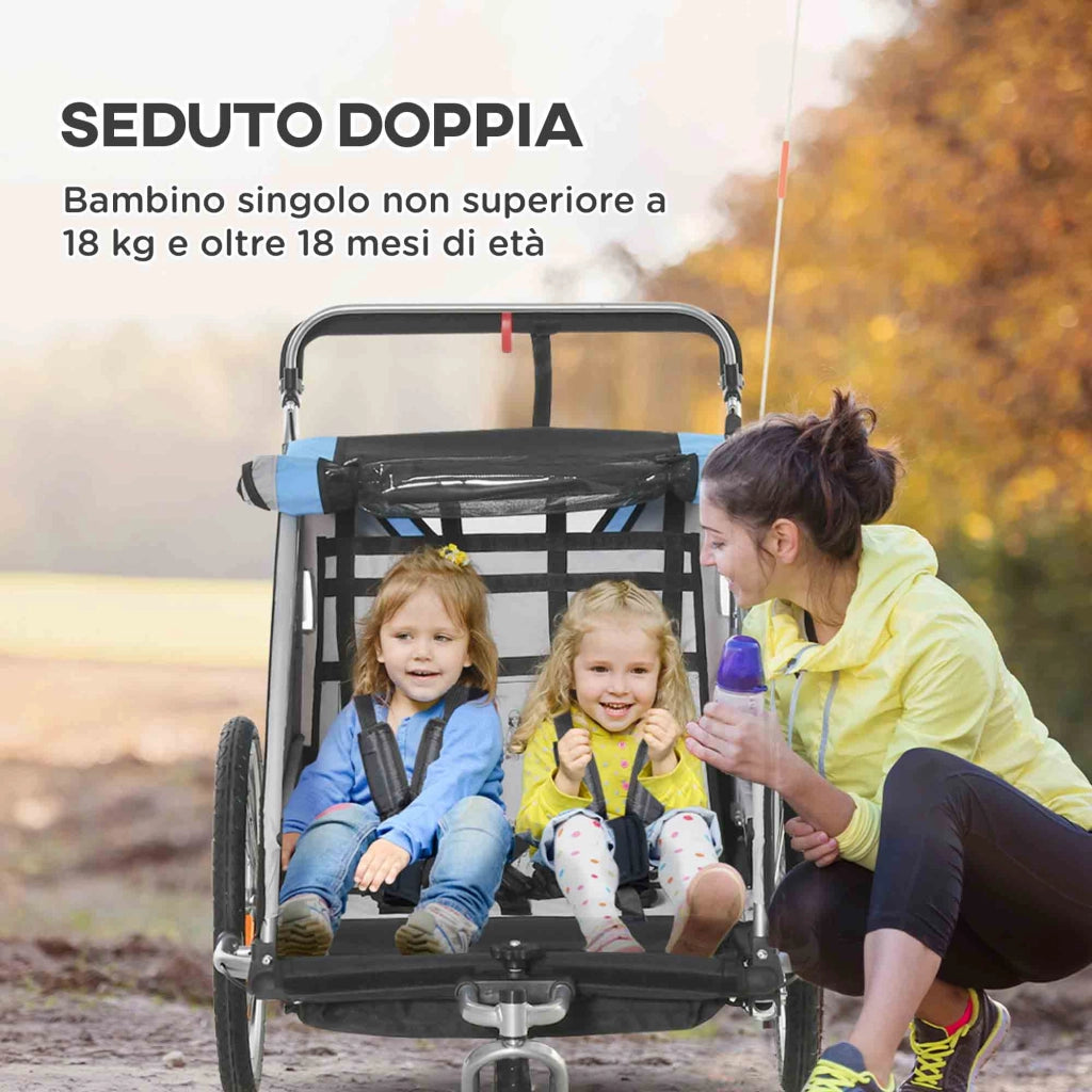 Rimorchio Bici per Bambini e Passeggino 2 in 1 con Cintura. Tasche e Bandierina. Blu