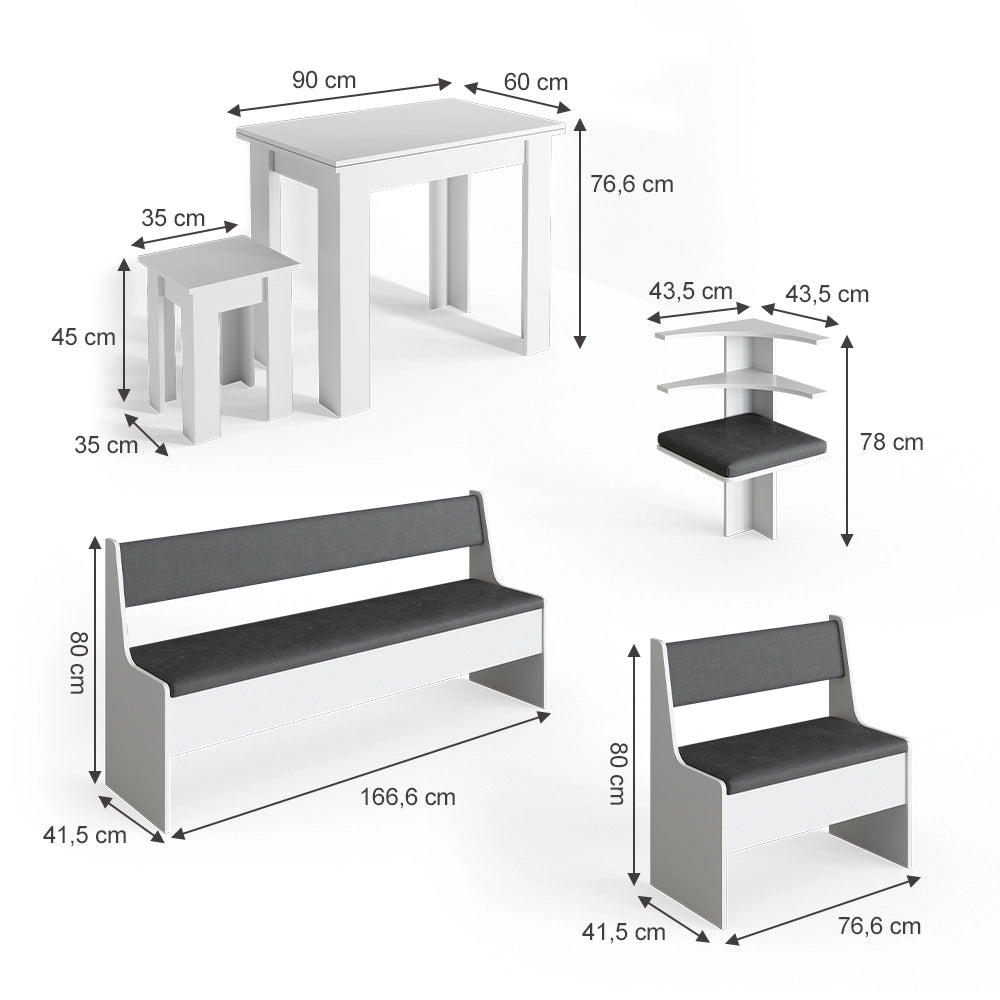 Vicco Gruppo panca ad angolo Bianco 210 x 41.5 cm con tavolo