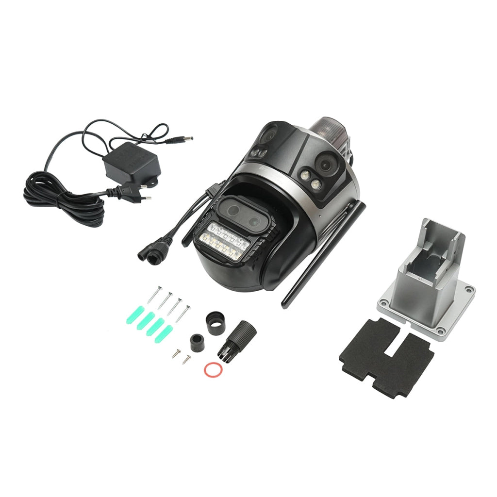 Telecamera di sorveglianza con 4 lenti, 3 obiettivi da 12 MP, 2 CPU dual control, P2P WIFI 2.4G, PTZ con sensore di movimento, allarme, visione notturna, rilevamento umano AI e applicazione iCSee