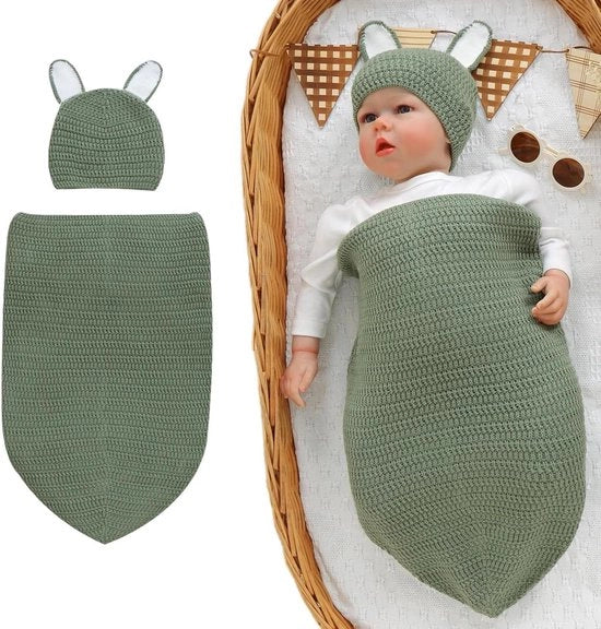 Babypassaggio in tessuto per inbakeren con copricapo - Coperta per bambino tessuta a maglia - Inbakeren e avvolgimento - Kit per neonati essenziale per 0-6 mesi - Umidità regolabile - Adatto a bambini maschi e femmine - Colore verde
