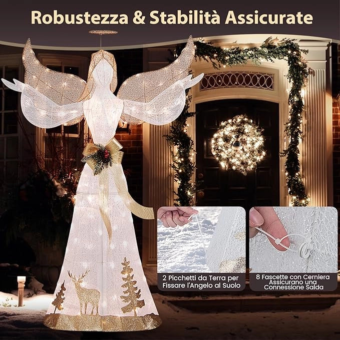 Angelo Natalizio Illuminato da Esterno 150 cm, Angelo 3D con 100 Luci Bianche Calde Pre-Illuminate, Decorazione Natalizia per Giardino, Cortile e Prato