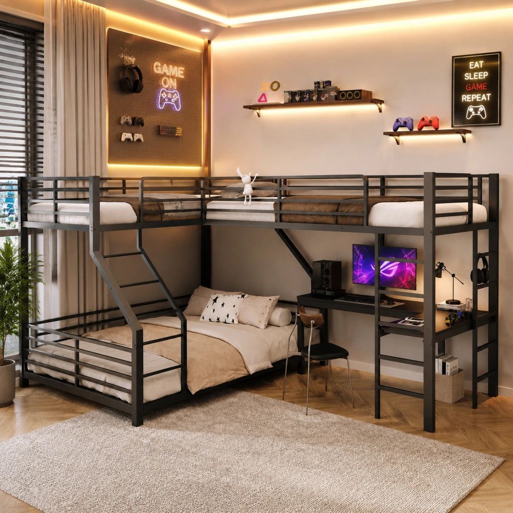 Letto a soppalco a 3 posti 90 × 200 cm et 140 × 200 cm con scrivania, presa USB e Type-C, senza materasso, nero