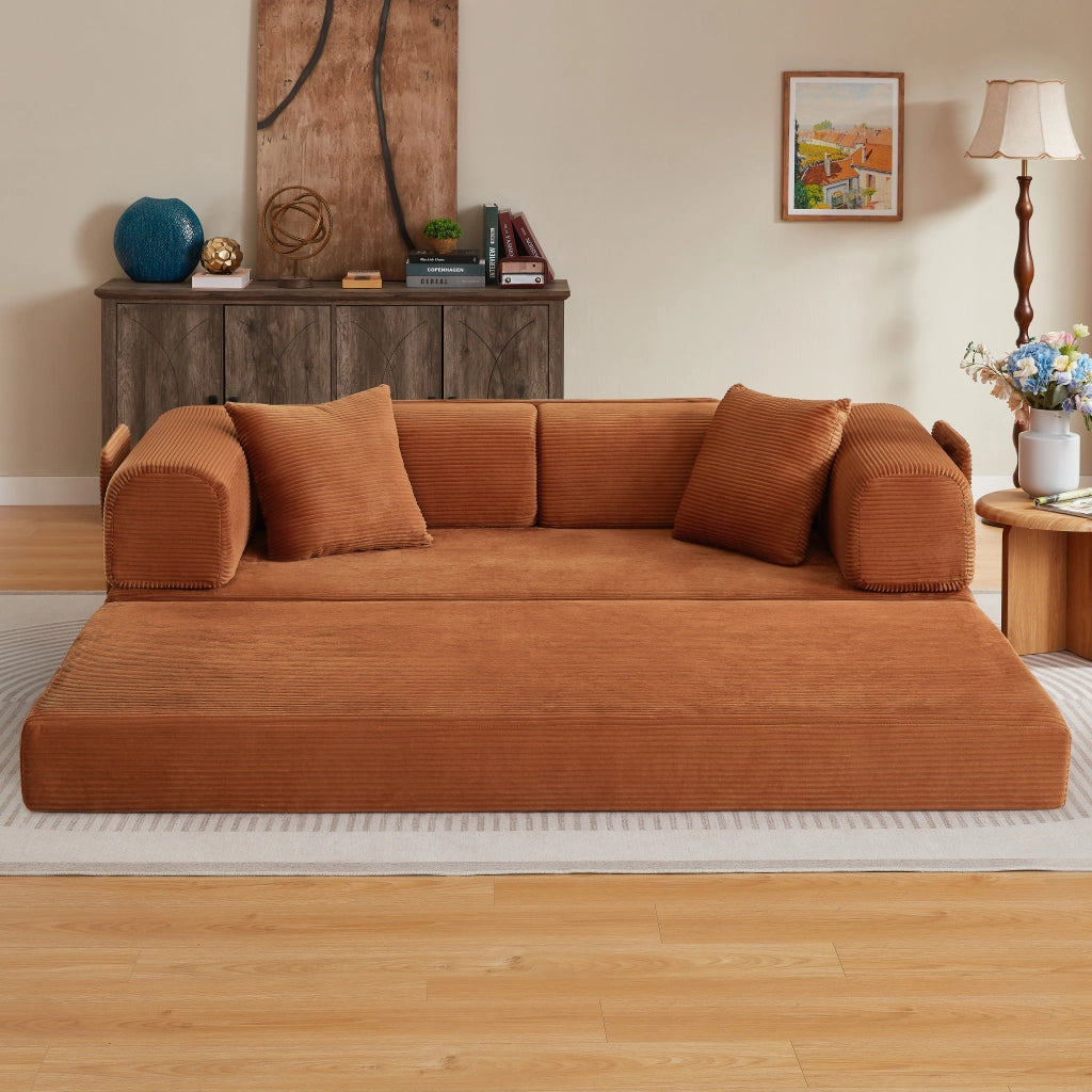 Divano letto pieghevole con struttura in acciaio e 2 cuscini da terra per soggiorno o camera in schiuma terracotta