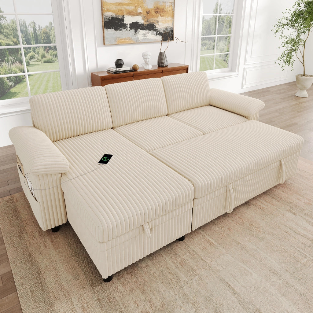 Divano angolare a L con letto estraibile e chaise longue reversibile; beige