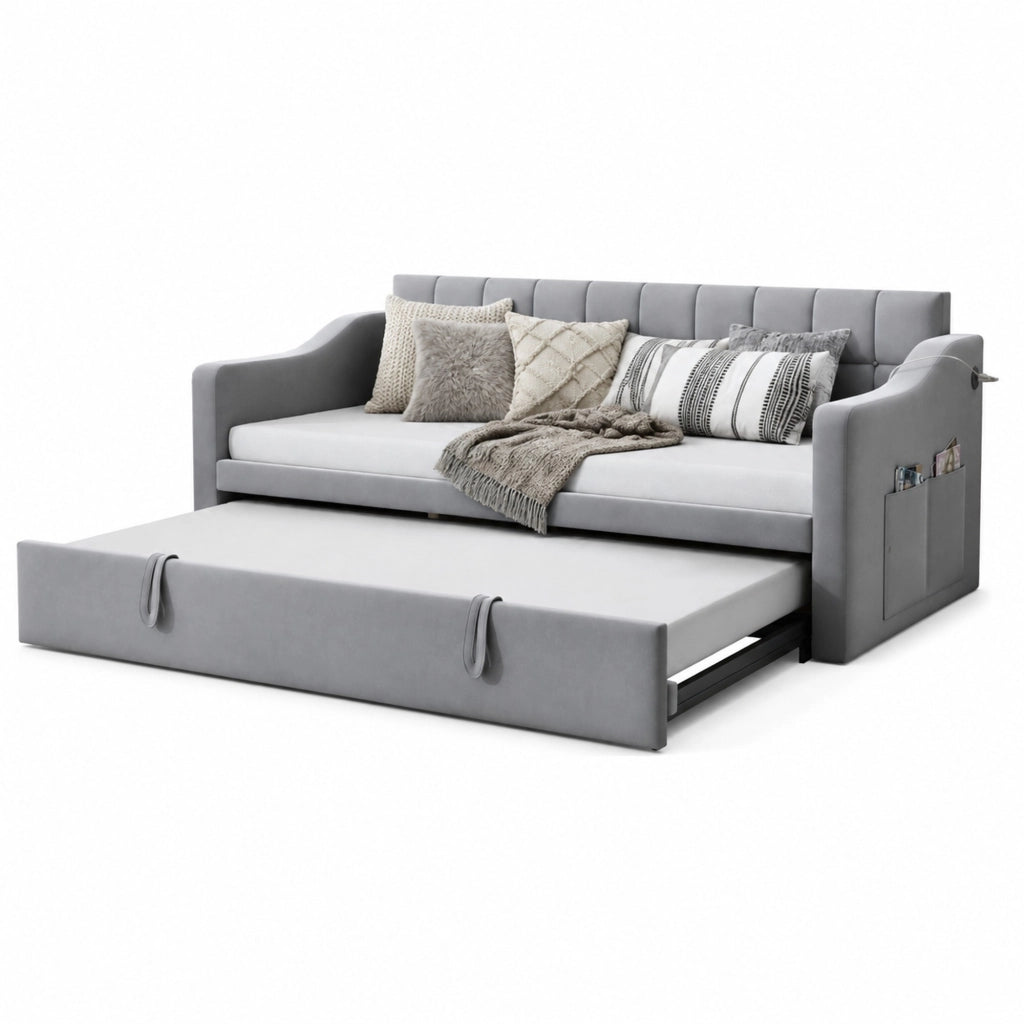 Letto imbottito estraibile 90x190 cm in velluto grigio chiaro con porte USB