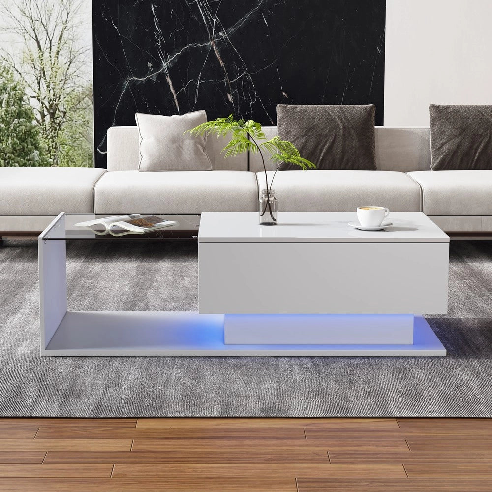 Tavolino da Caff¨¨ con Piano in Vetro e Cassetto, LED ¨C MINIMAL ¨C Bianco Lucido 100x50x32