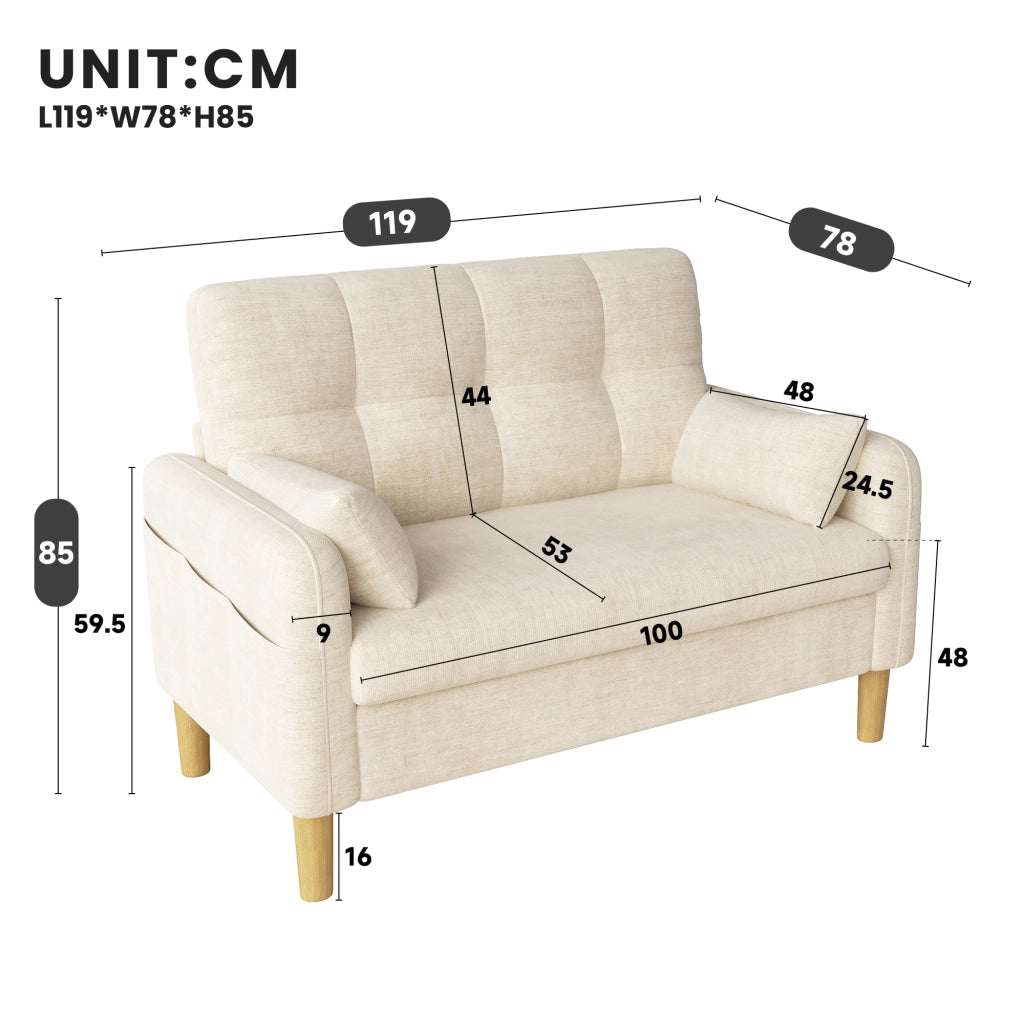 Divano a due posti modulare per piccoli spazi con cuscini schienale alto e tasca laterale in tessuto chenille beige