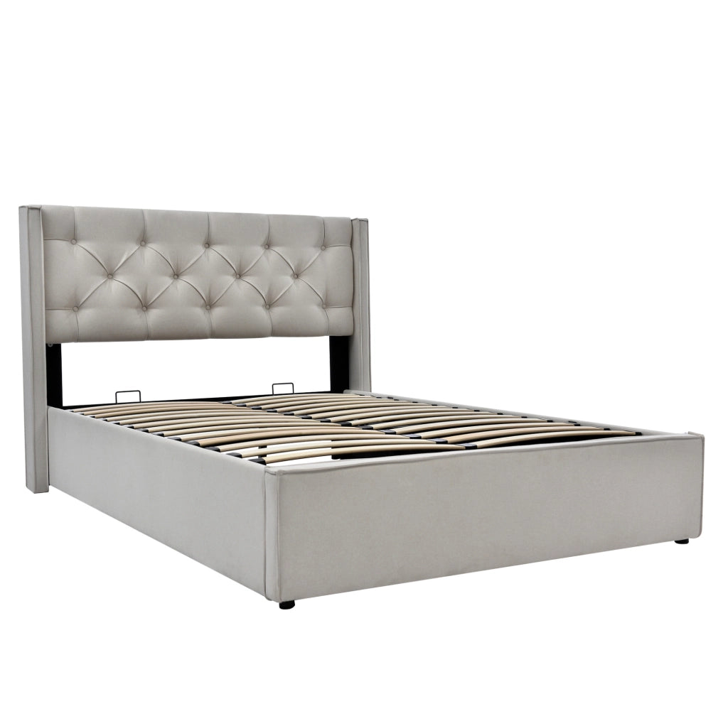 Letto matrimoniale imbottito con contenitore 140x200 cm in cotone grigio chiaro
