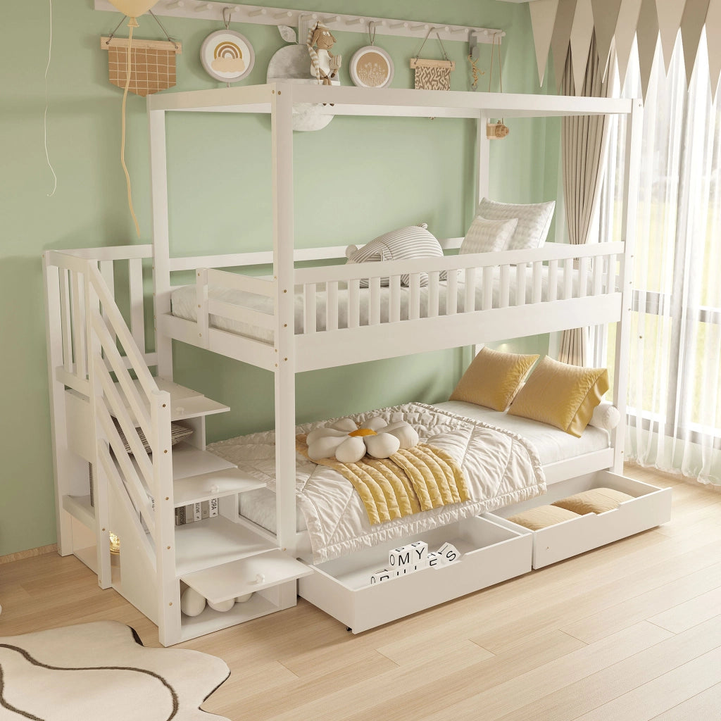 OKWISH Letto a castello 90×200 cm, Letto 2 Posti con Spondine di Sicurezza, Scala con Cassetti e 2 Cassetti, senza Materasso, Bianco