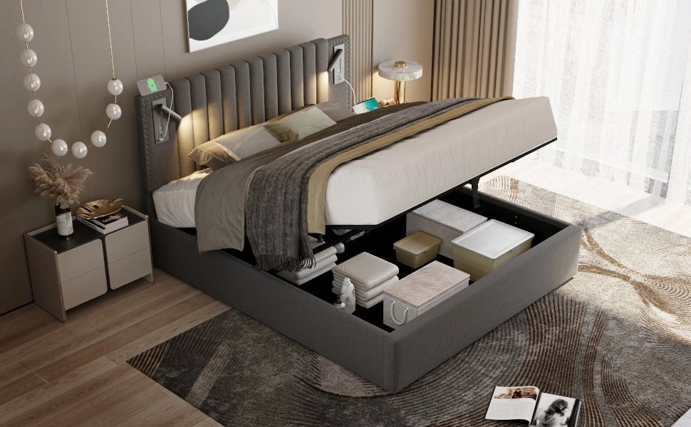 DESMIU Lit contenitore 180 × 200 cm 2 posti con luce di lettura, USB e Type-C, senza materasso, grigio