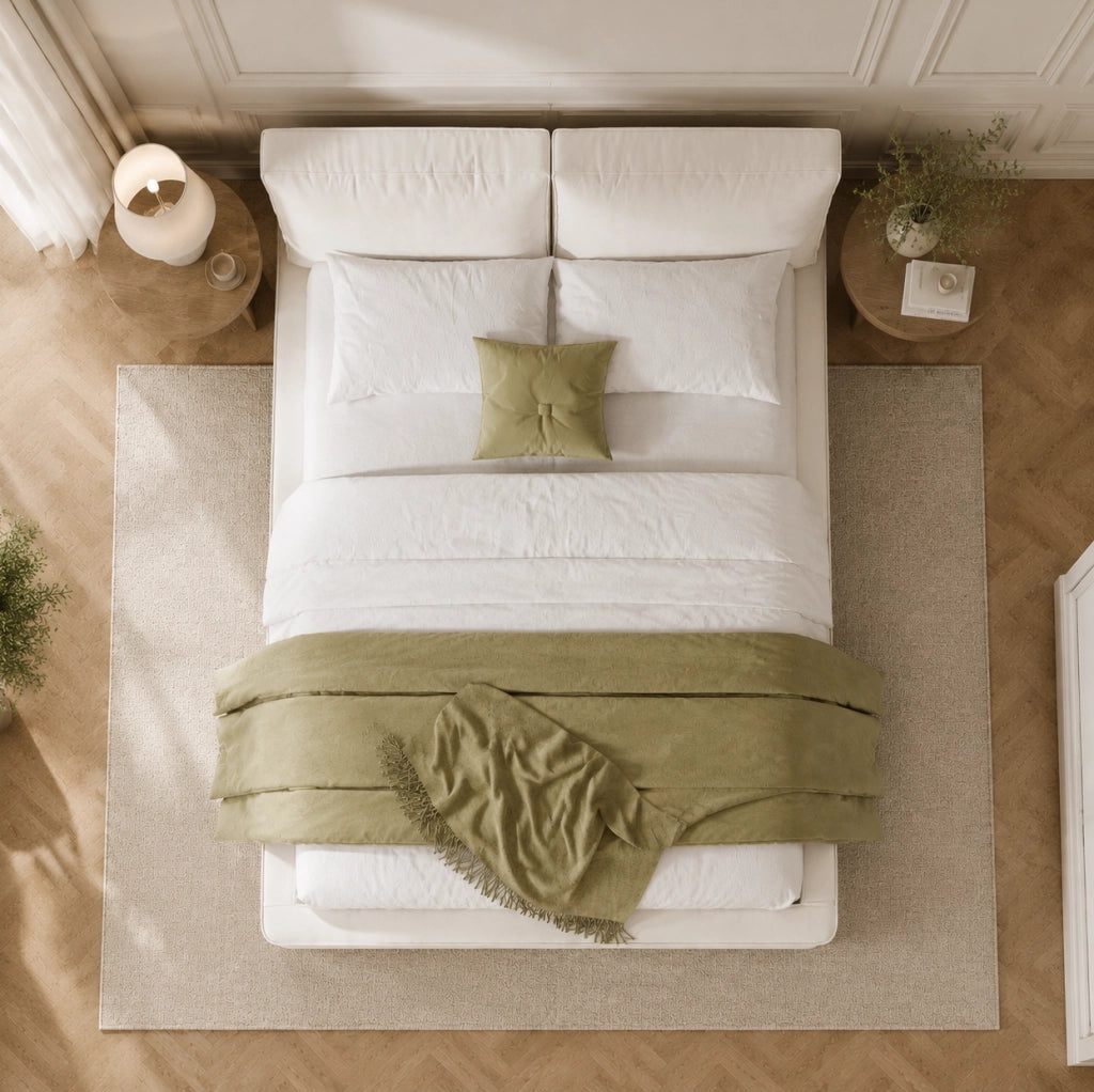 Letto imbottito 180x200 cm con testiera imbottita e rete in chenille beige