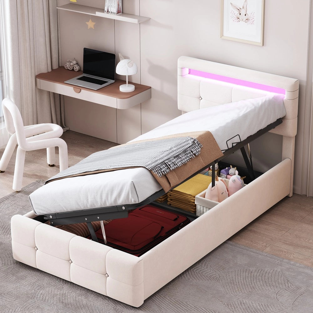 Letto Contenitore Imbottito Singolo con LED ¨C MINIMAL ¨C Velluto Beige, Testiera Regolabile, 90x200
