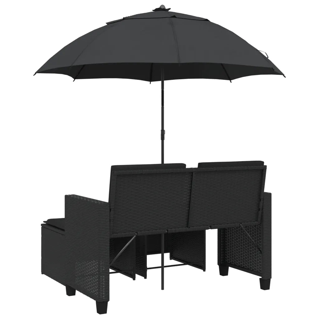 Divano Giardino 2 Posti-Sofa da Giardino-Divanetto da esterno Ombrellone e Sgabelli Nero Polyrattan 270598