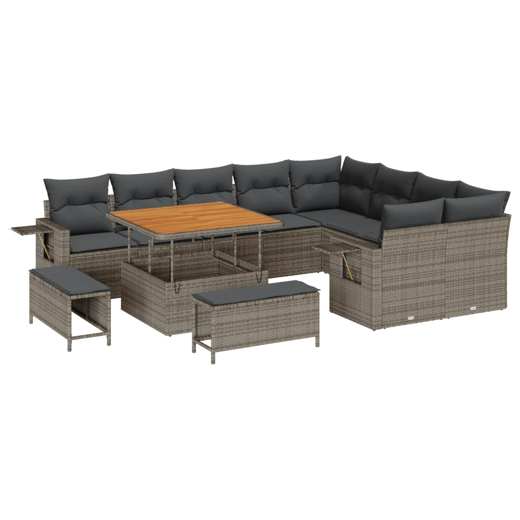 Set Divano da Giardino di 12 Pezzi con Cuscini Grigio Rattan Sintetico Acacia