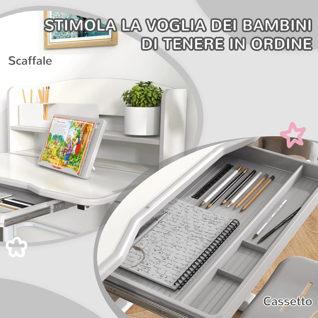 Set Scrivania per Bambini con Sedia Regolabile in Altezza e Piano Inclinabile, Et¨¤ 6-12 Anni, Grigio