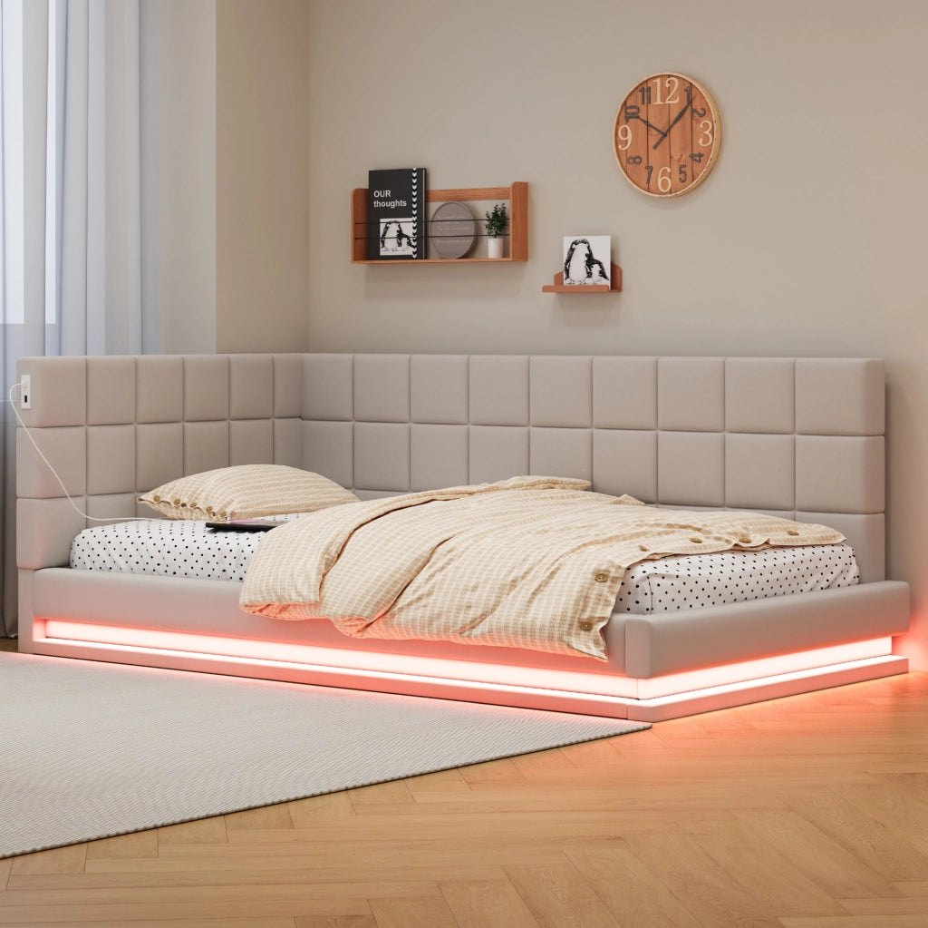 Divano letto 90x200 cm con LED; presa USB e rete a doghe in lino beige