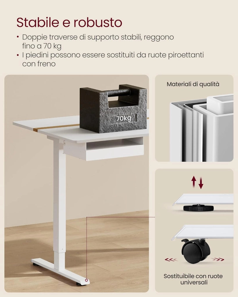 VASAGLE Scrivania Elettrica Regolabile in Altezza, Piano del Tavolo 70 x 160 cm, Regolabile in Continuo, Funzione di Memoria con 4 Altezze, Bianco Nuvola e Rovere Natura LSD116W01
