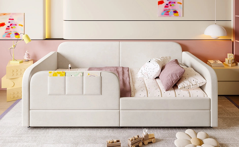 DESMIU Letto Per Bambini Singolo con 2 Cassetti, 3 Tasche e Sponde Alte, 90 × 200 cm, senza materasso, Bianco