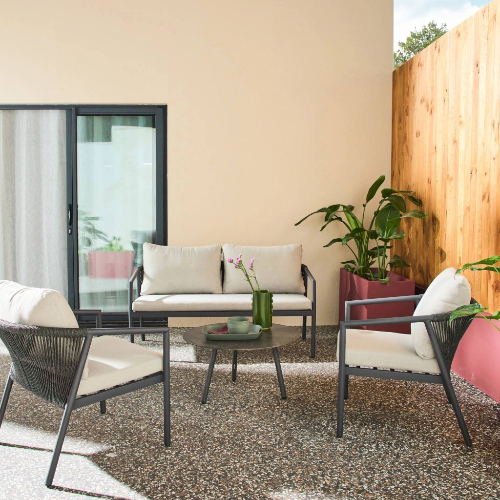 Salotto da giardino in alluminio e corde, 4 posti, grigio