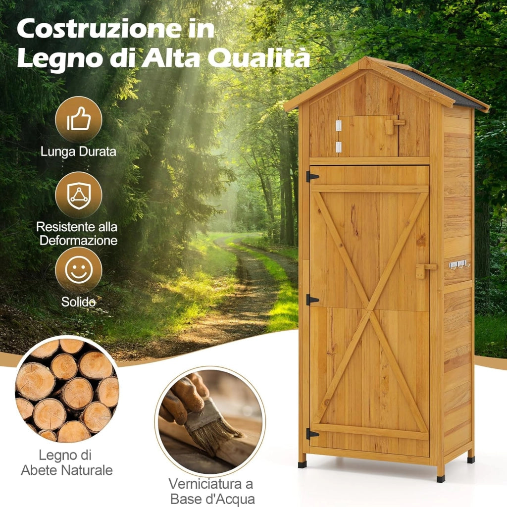 Armadio da Esterno, Armadietto da Giardino in Legno con Porta a Fienile Richiudibile con Serratura, Mensole Rimovibili, Tavolo Laterale Pieghevole, 3 Ganci e Tetto in Asfalto