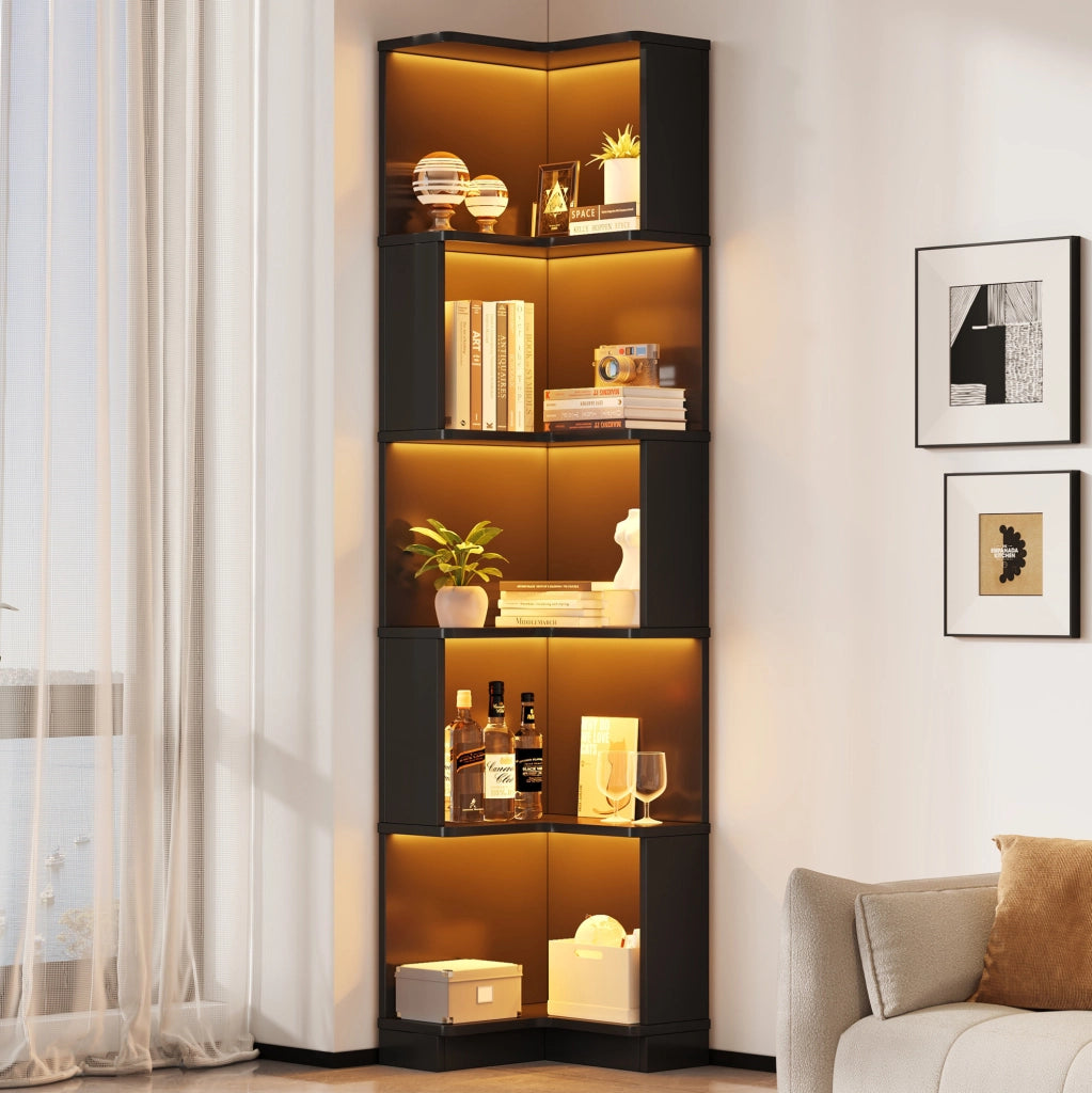 Libreria angolare a L con LED, 5 ripiani, nero