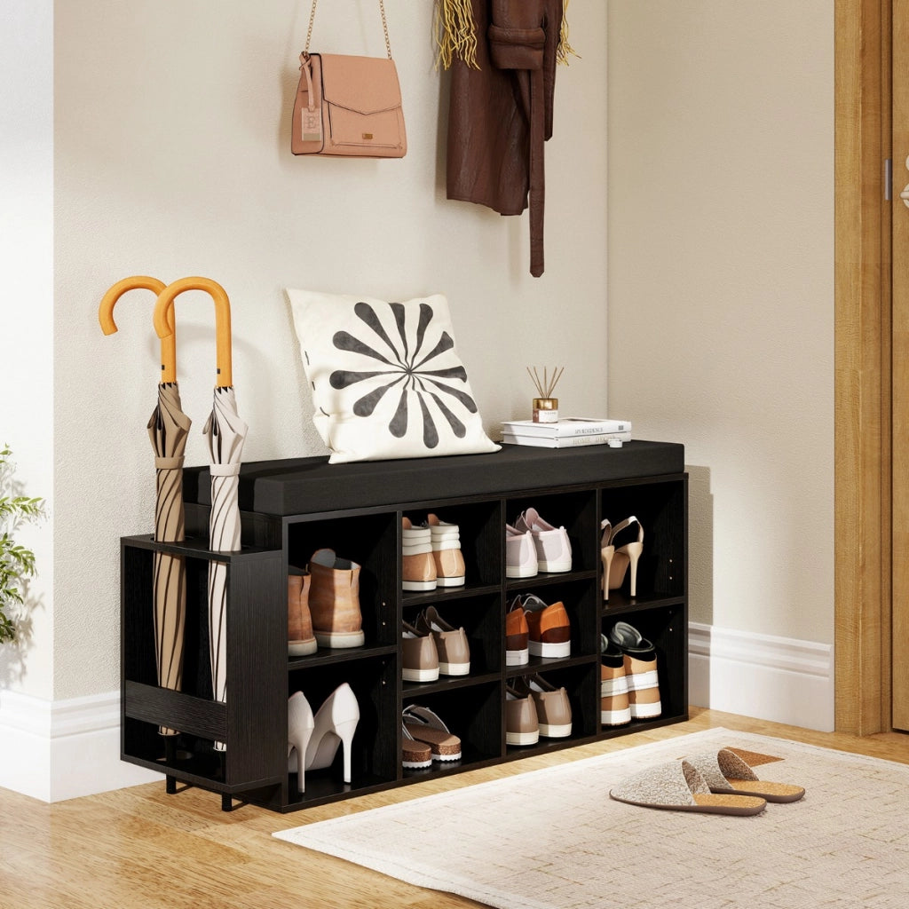 Panca porta scarpe scarpiera a 10 scomparti con seduta imbottita, Panca porta scarpe con portaombrelli Nero-Scarpiere