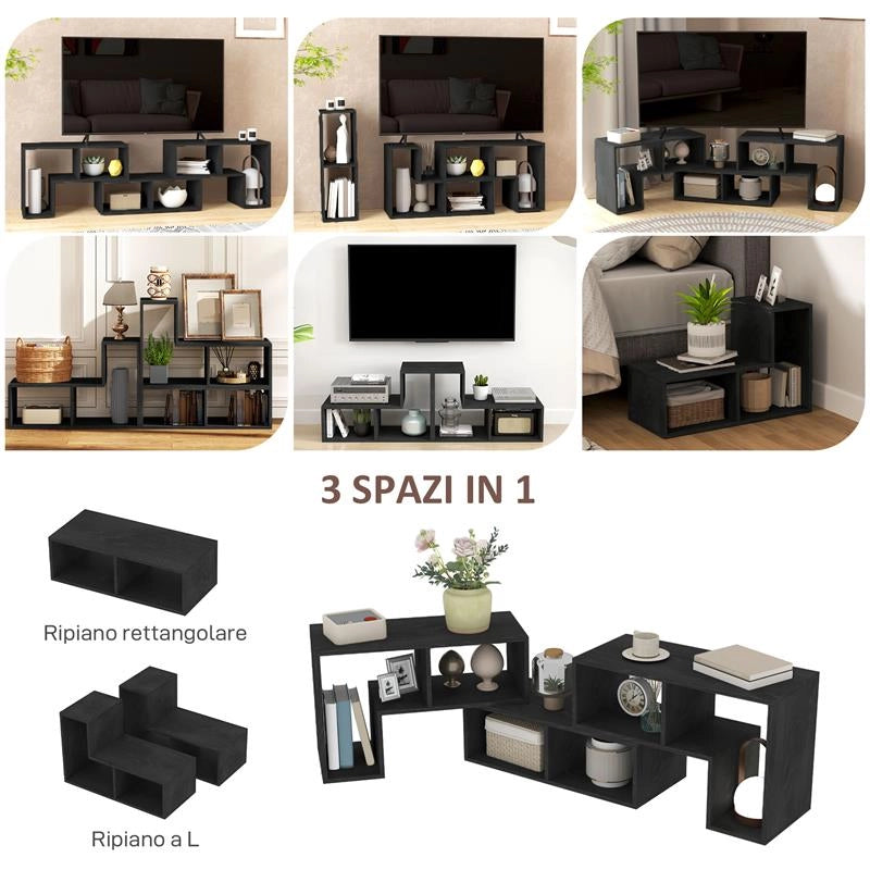 MOBILE TV 75" MAX MODULABILE CON 2 RIPIANI A L E MENSOLA RETTANGOLARE IN LEGNO 134-180X30.5X44 CM NERO