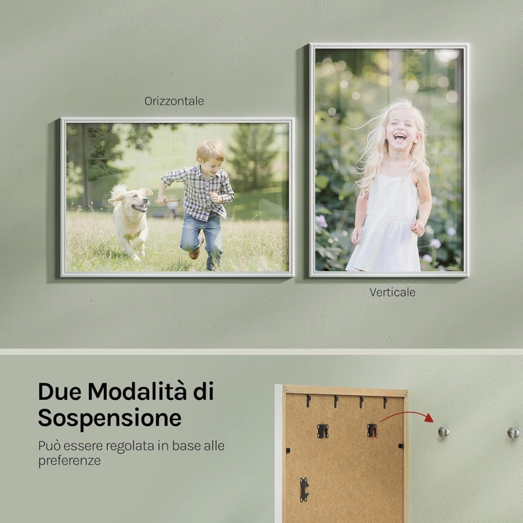 Set di 10 Cornici Foto 50x70 cm con Passepartout, Portafoto da Parete e Tavolo, Verticale o Orizzontale, in Legno Massiccio, Bianco